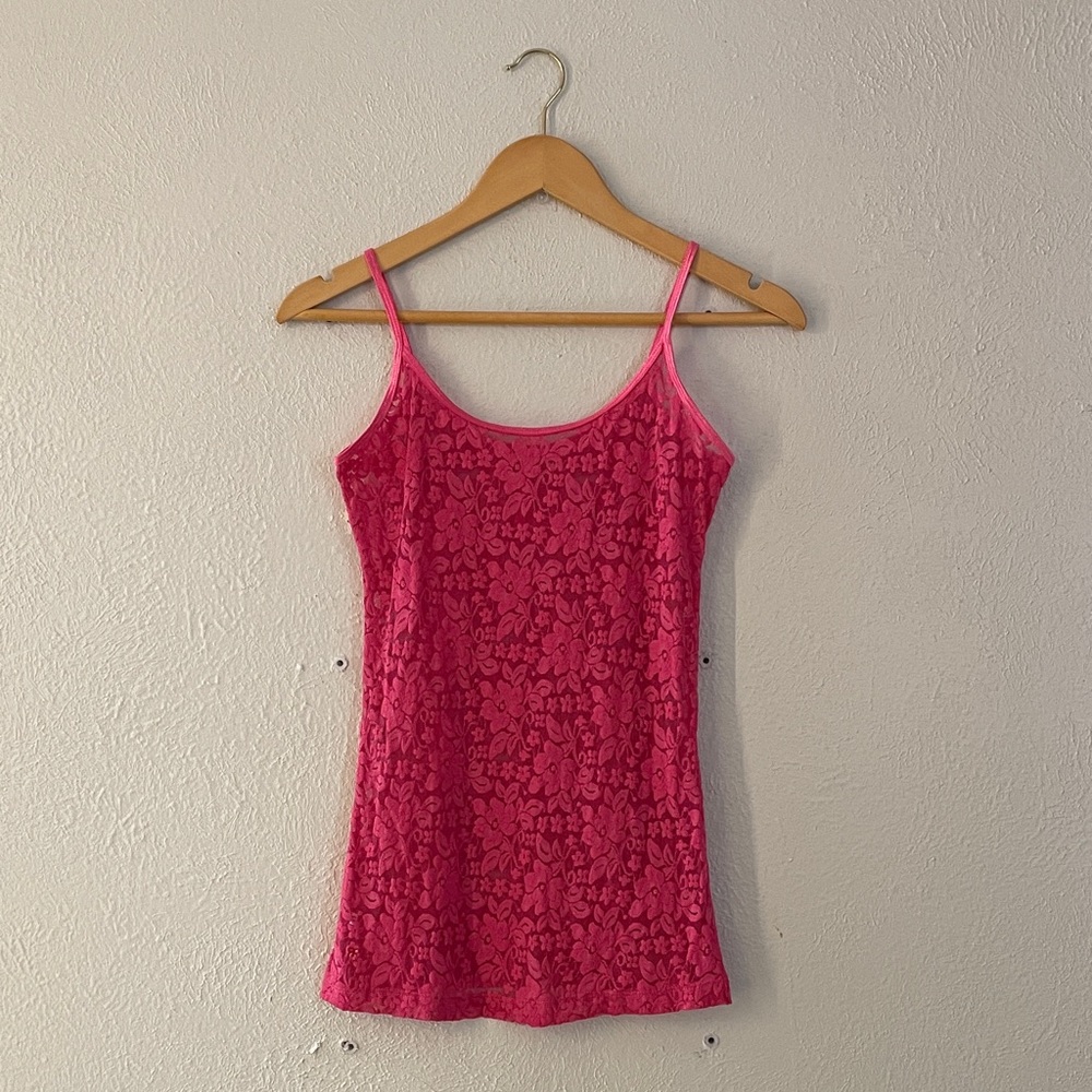 Ruby Ribbon Scoop Camisole Y2K Sheer Lace Cami Pink